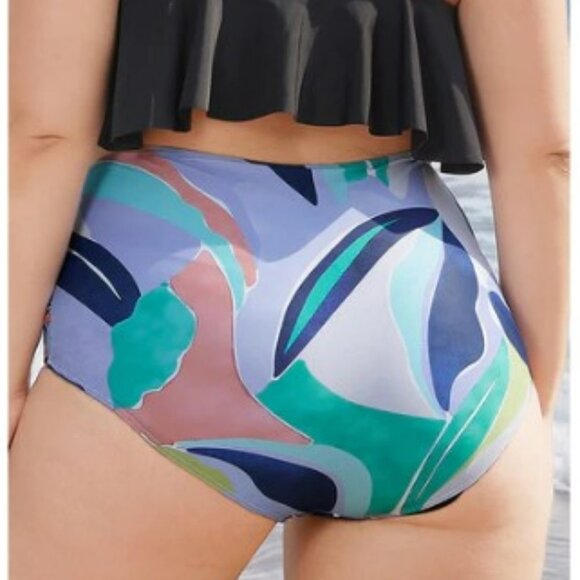 NWT, Sz 14-16, 1X, Tropical Plant Print Ruched Contrast Bikini Bottom - Picture 3 of 6